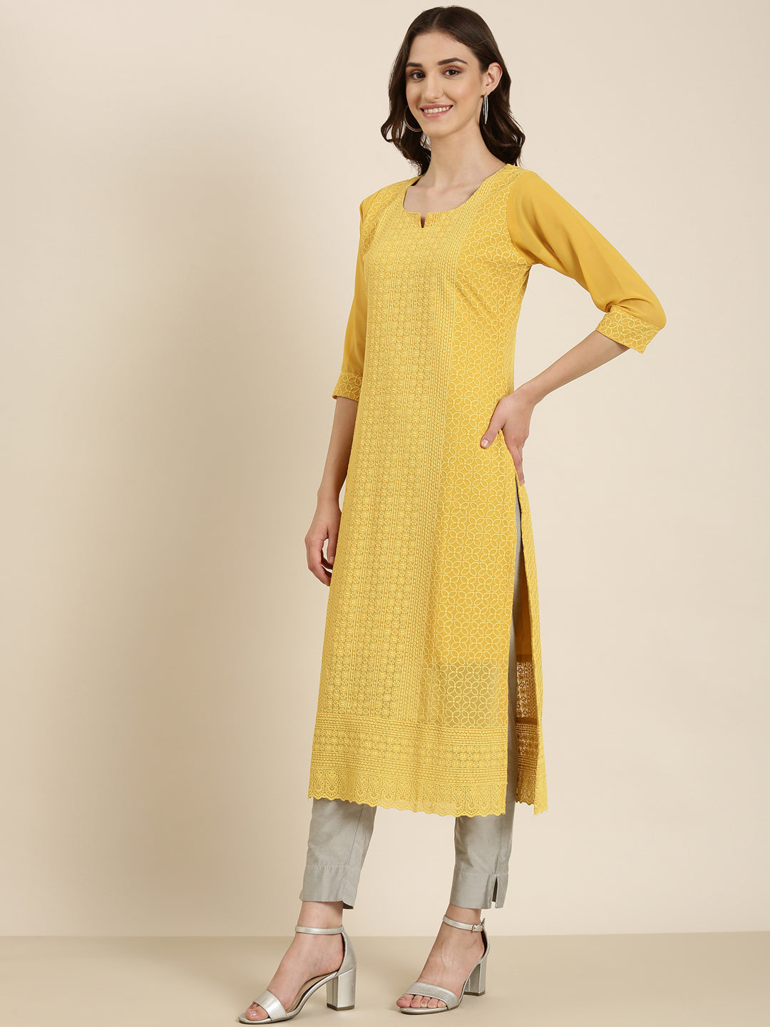Women's Mustard Ethnic Motifs Embroidered Thread Work Straight Kurta