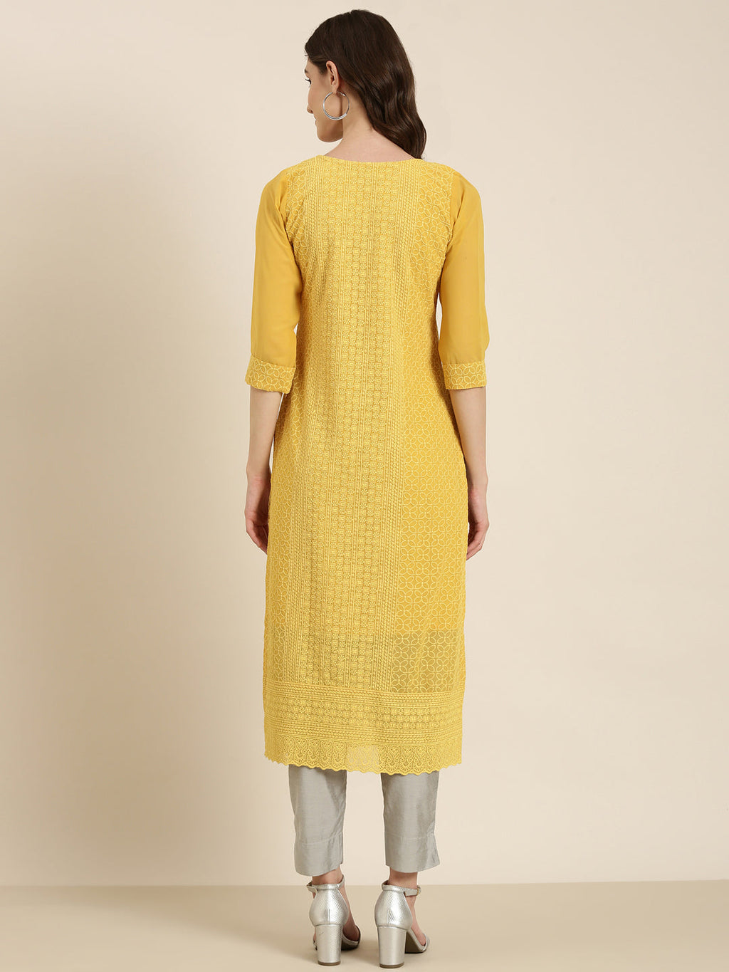 Women's Mustard Ethnic Motifs Embroidered Thread Work Straight Kurta