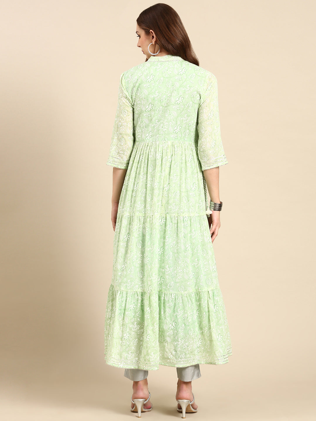 Women's Green Floral Printed Tiering Anarkali Kurta