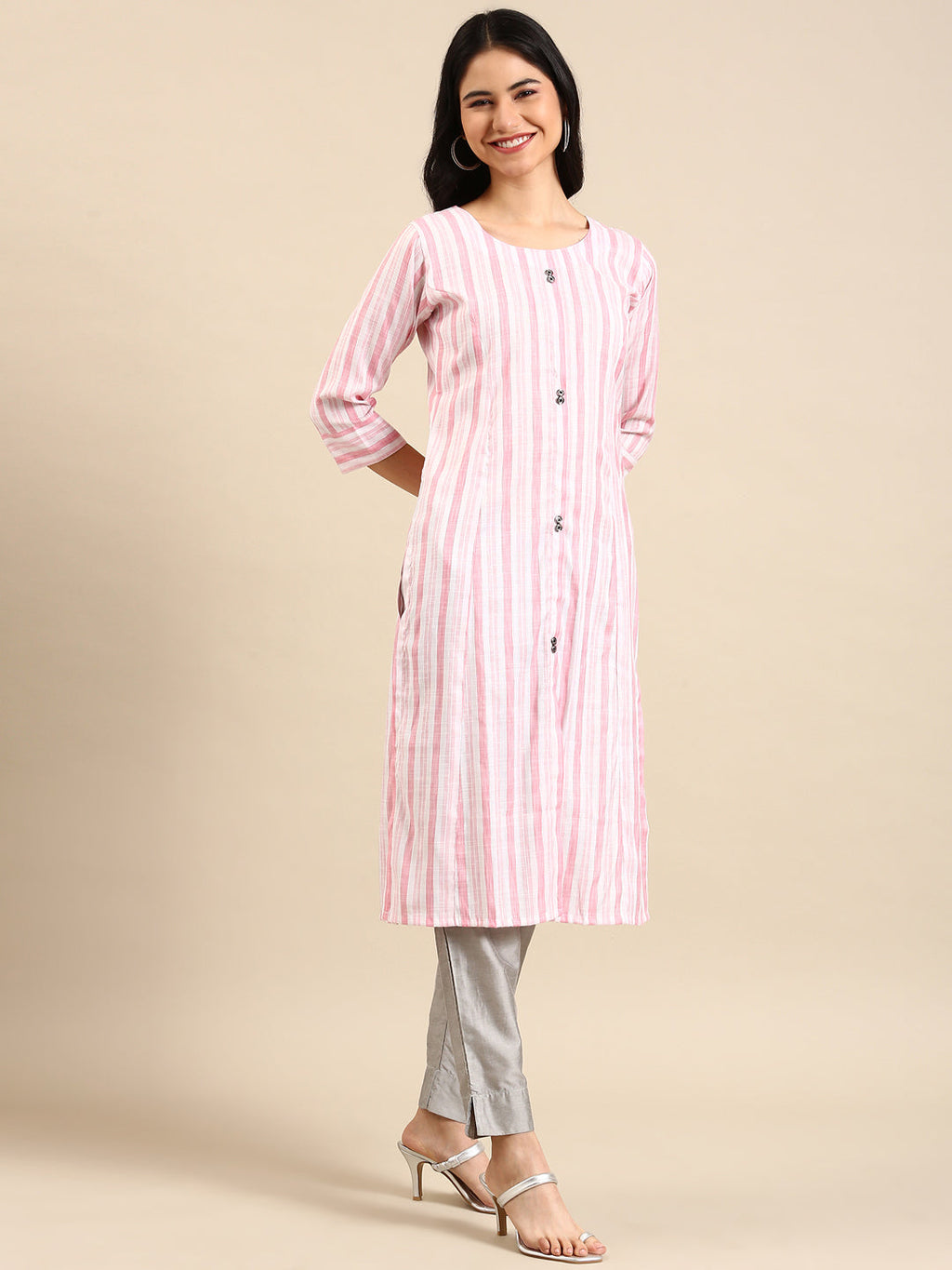 Women's Pink Striped Printed Pastels Straight Kurta