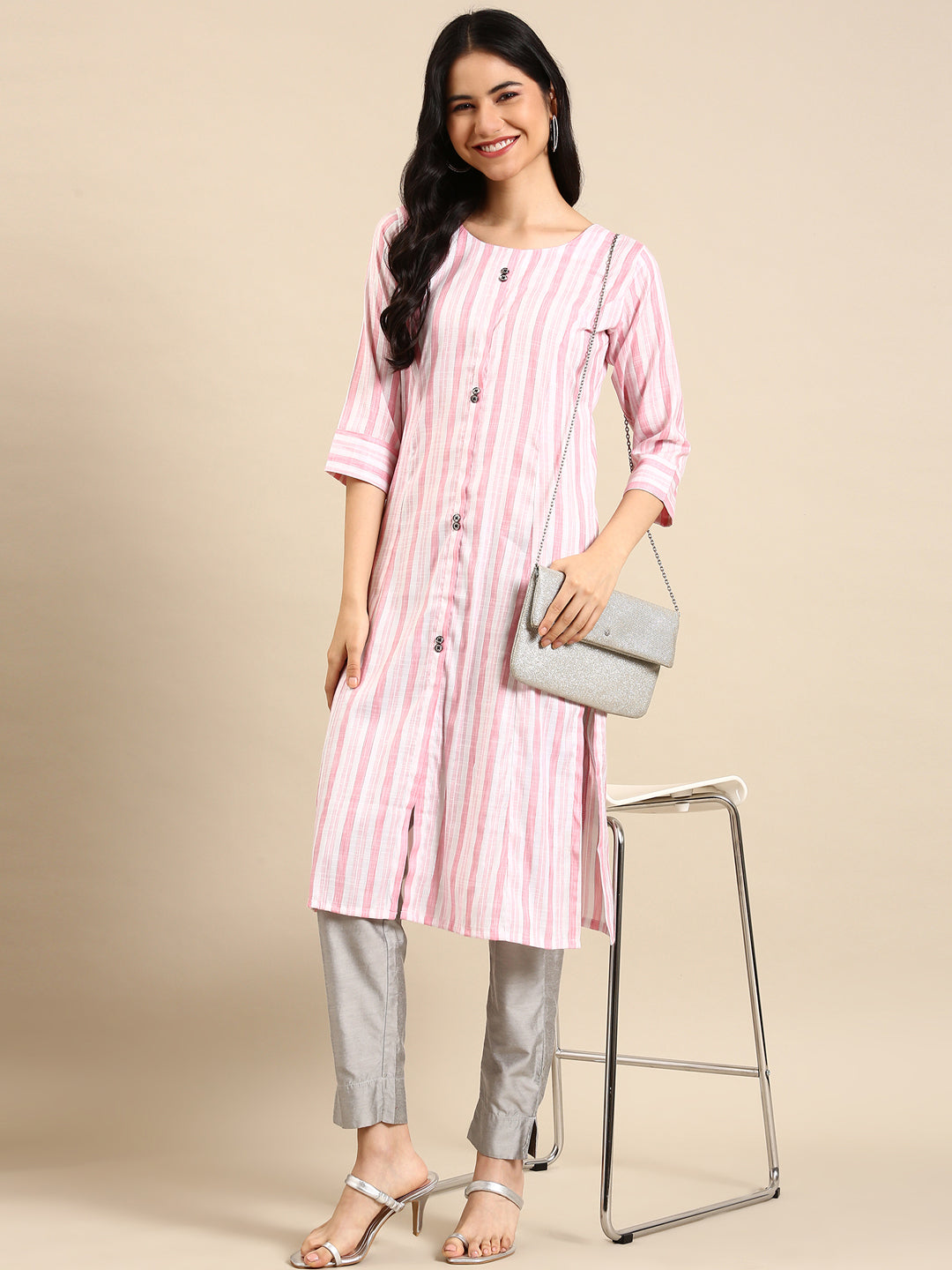 Women's Pink Striped Printed Pastels Straight Kurta