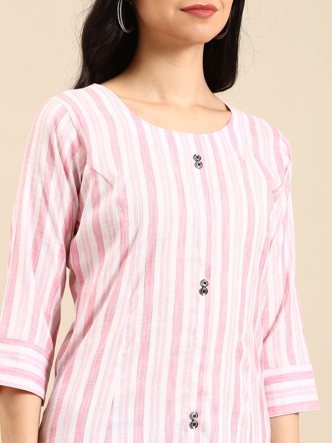 Women's Pink Striped Printed Pastels Straight Kurta