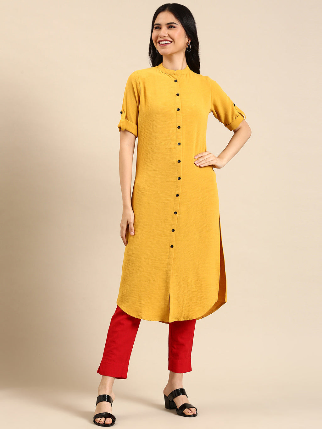 Women's Yellow Solid Calf Length Mandarin Collar Straight Kurta