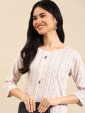 Women's White Geometric Printed Round Neck Straight Kurta
