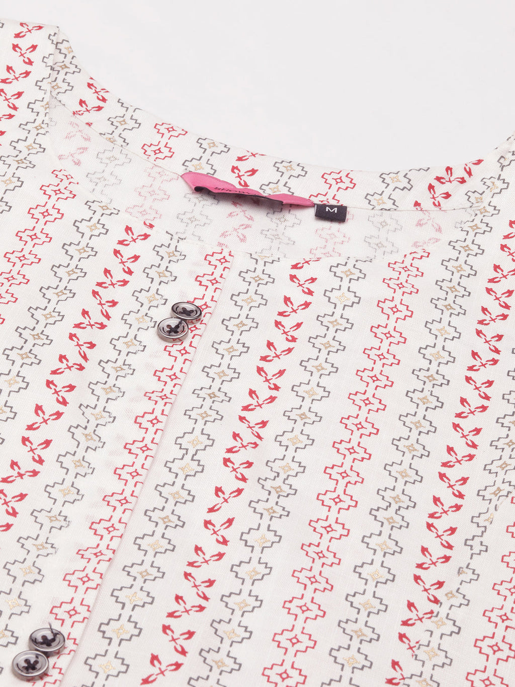 Women's White Geometric Printed Round Neck Straight Kurta