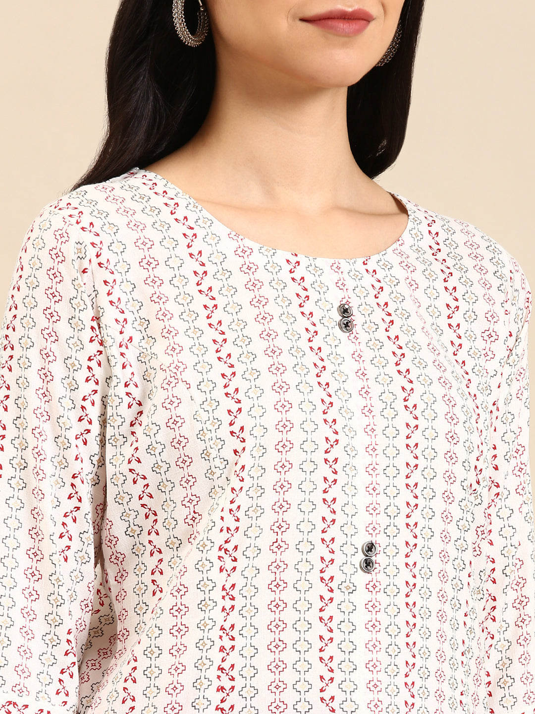 Women's White Geometric Printed Round Neck Straight Kurta