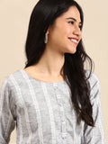 Women's Grey Striped Woven Design Thread Work Straight Kurta