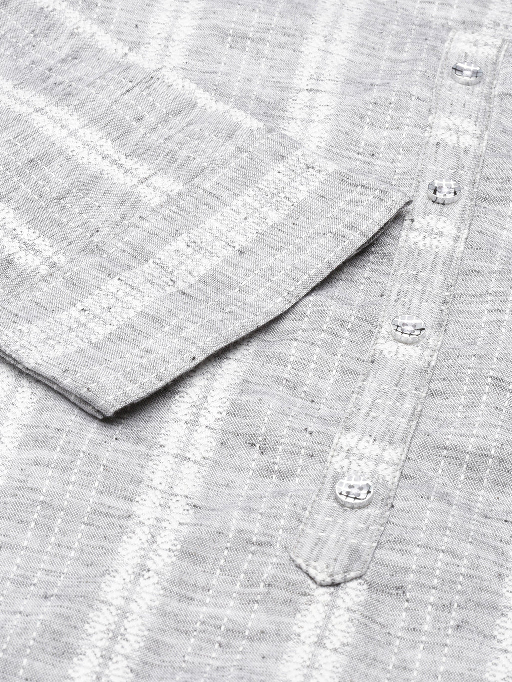 Women's Grey Striped Woven Design Thread Work Straight Kurta