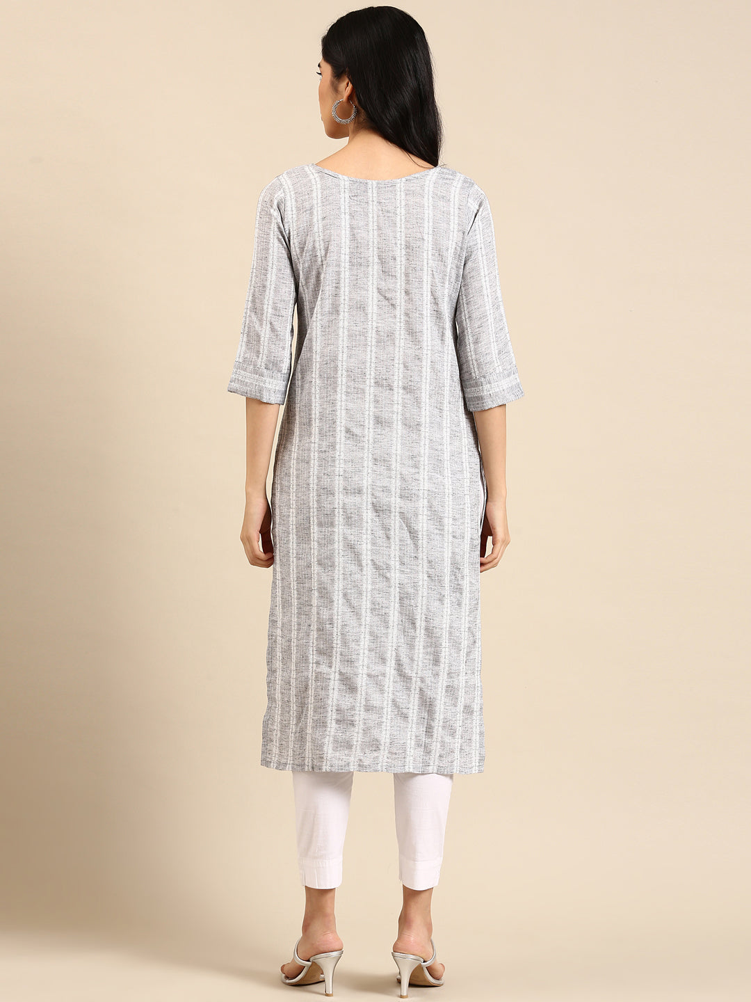 Women's Grey Striped Woven Design Thread Work Straight Kurta