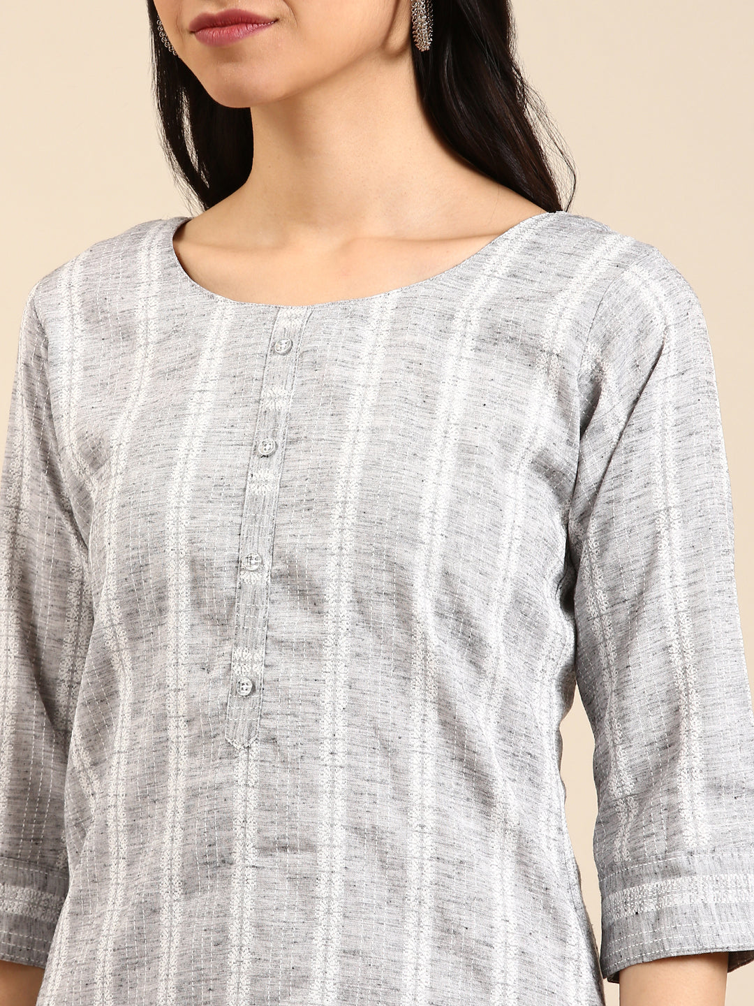 Women's Grey Striped Woven Design Thread Work Straight Kurta
