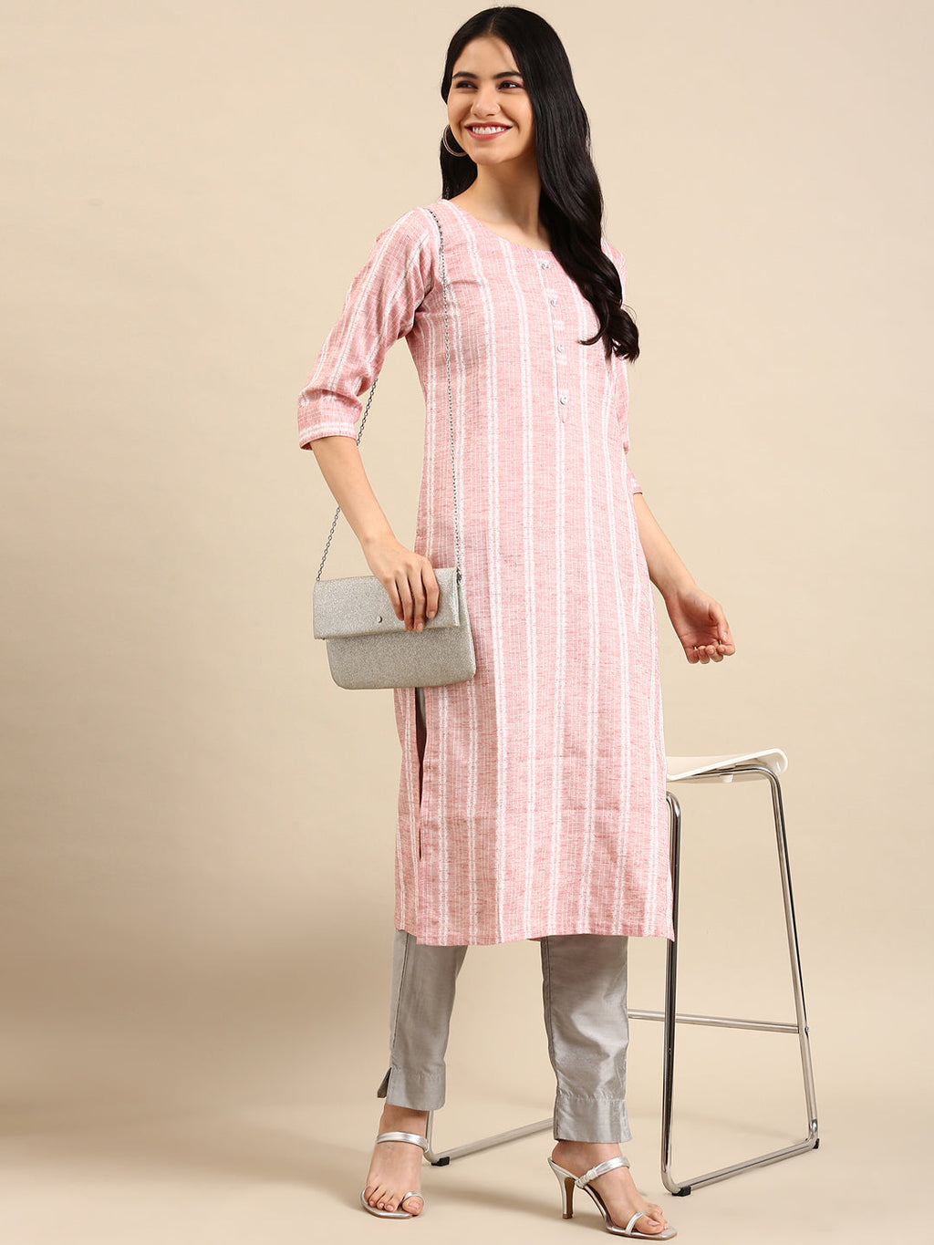 Women's Peach Striped Calf Length Woven Design Round Neck Straight Kurta
