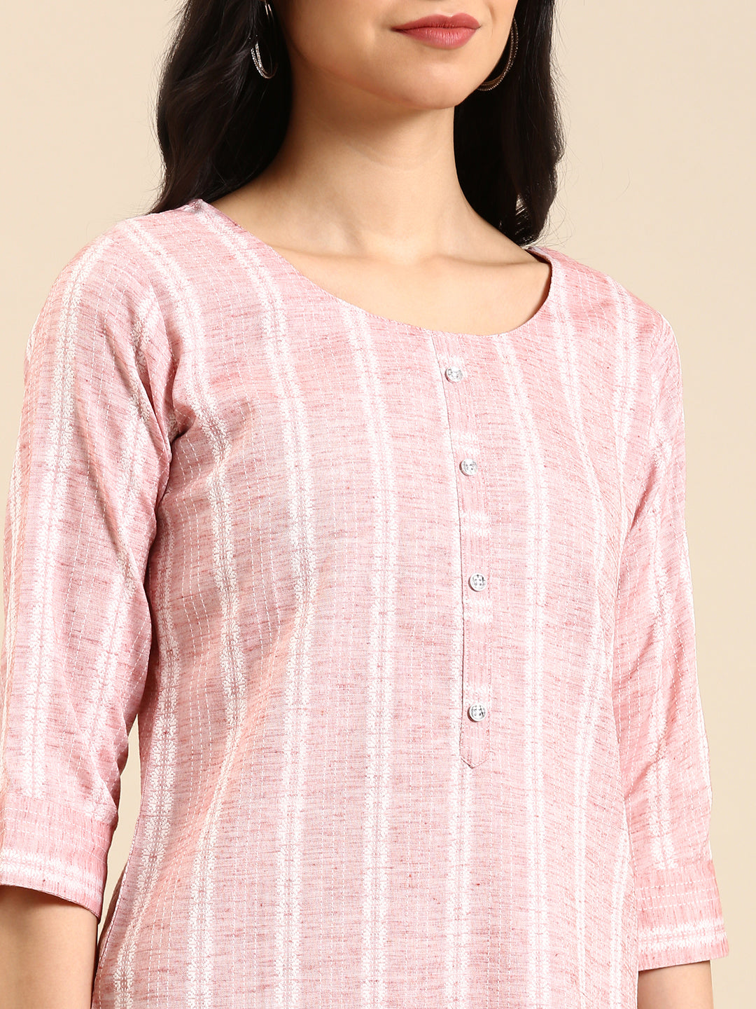 Women's Peach Striped Calf Length Woven Design Round Neck Straight Kurta