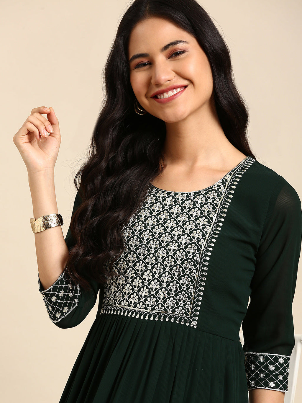 Women's Green Floral Thread Work Anarkali Kurta