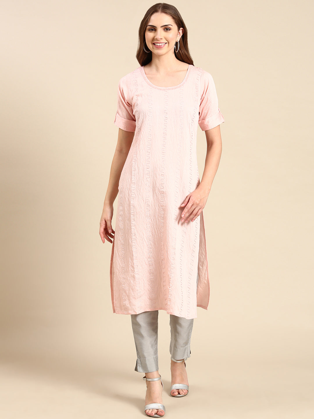 Women's Peach Embroidered Thread Work Straight Kurta