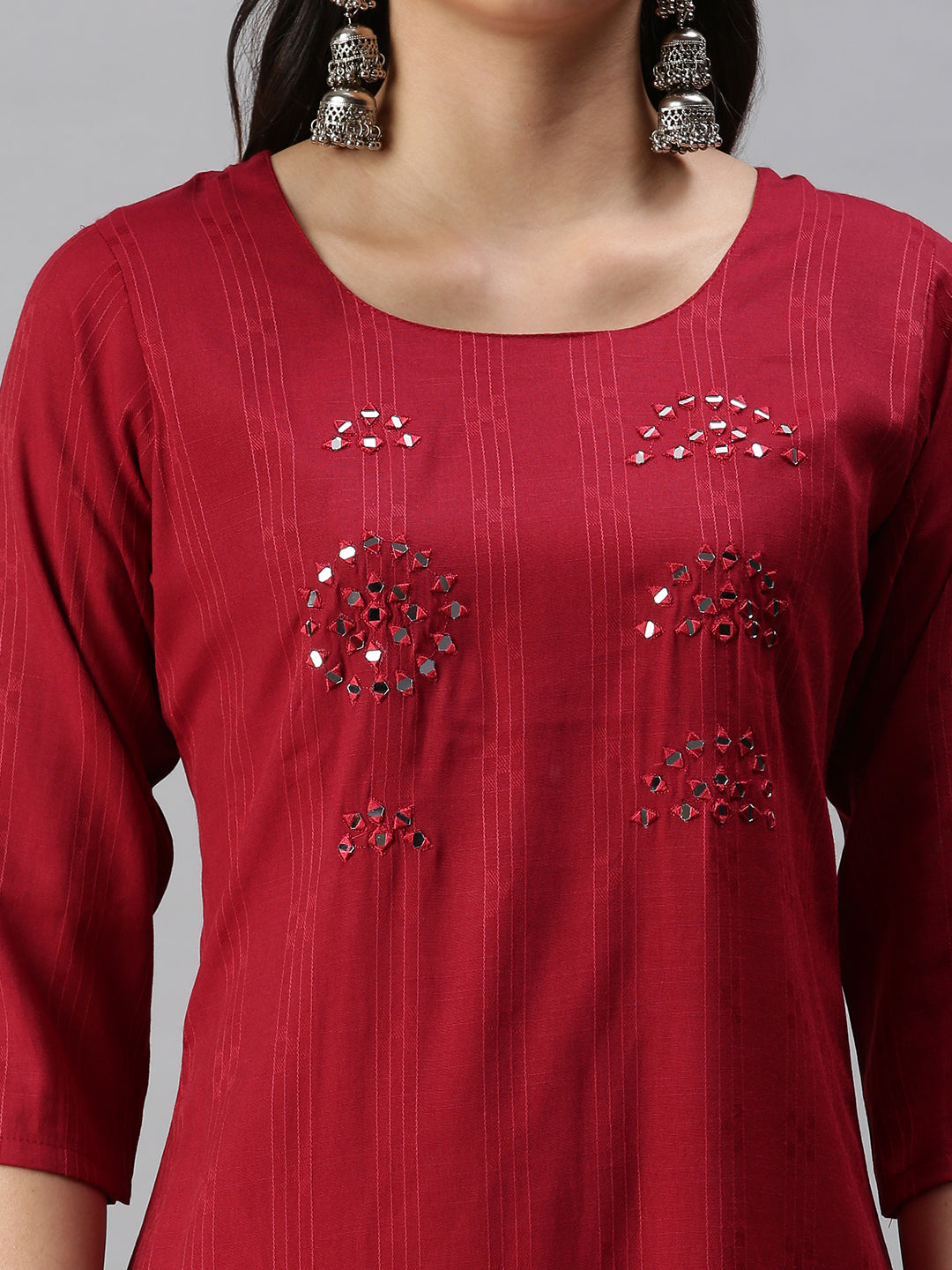 Women's Maroon Striped Straight Kurta
