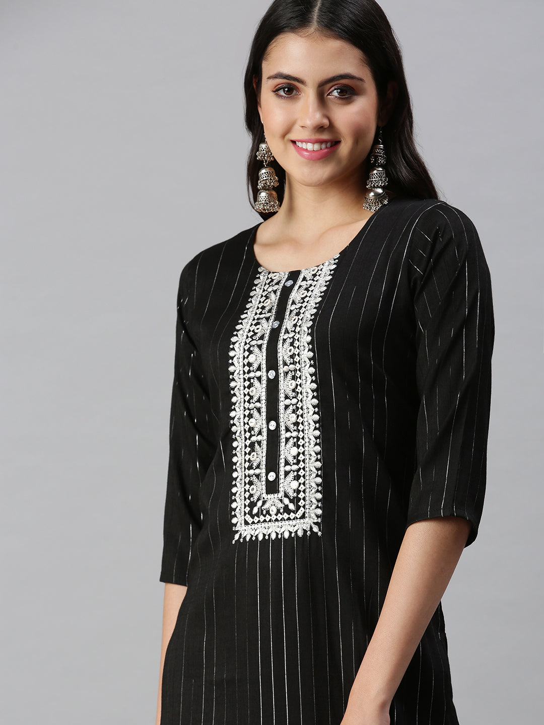 Women's Yoke Design Black Straight Kurta