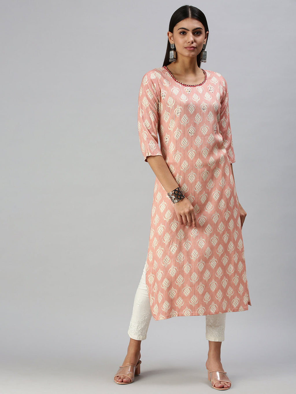 Women's Peach Ethnic Motifs Straight Kurta