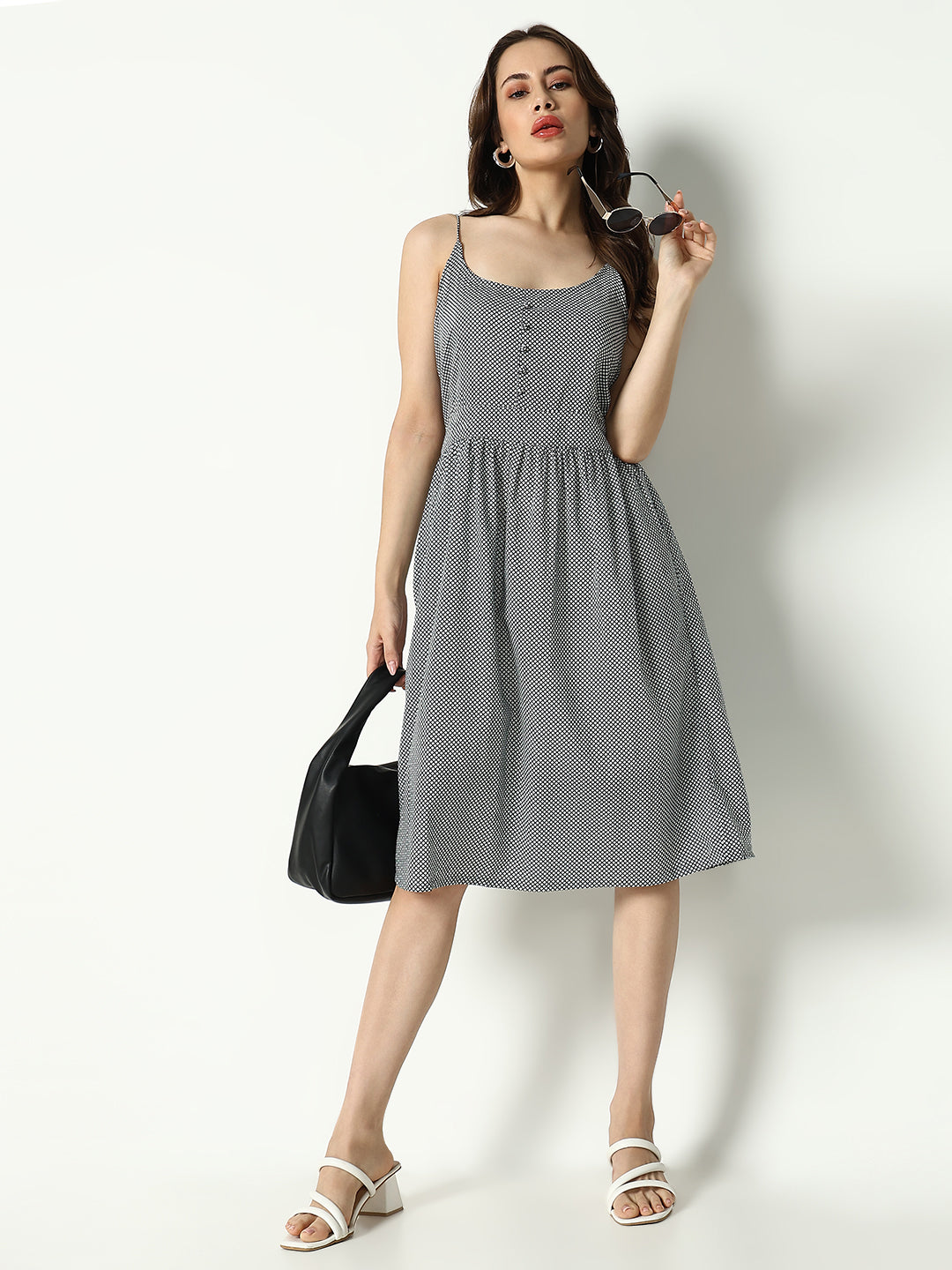 Women's Black Checked Cotton A-Line Dress