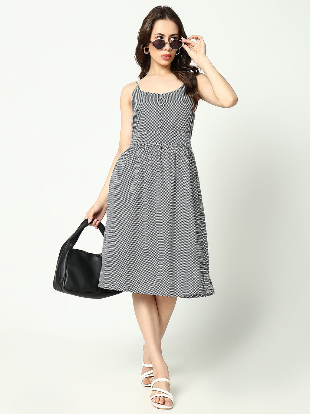 Women's Black Checked Cotton A-Line Dress