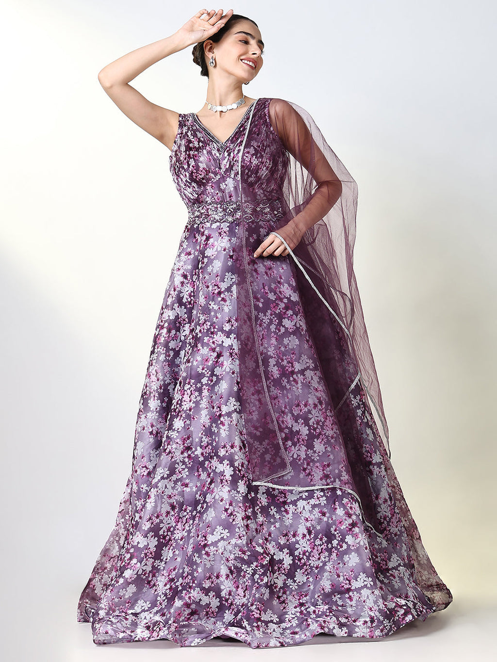 Women's Purple Floral Gown Dress with Belt & Dupatta