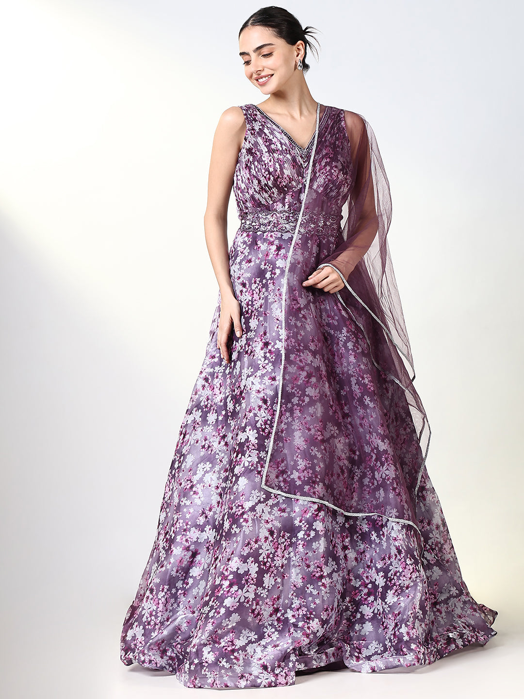 Women's Purple Floral Gown Dress with Belt & Dupatta