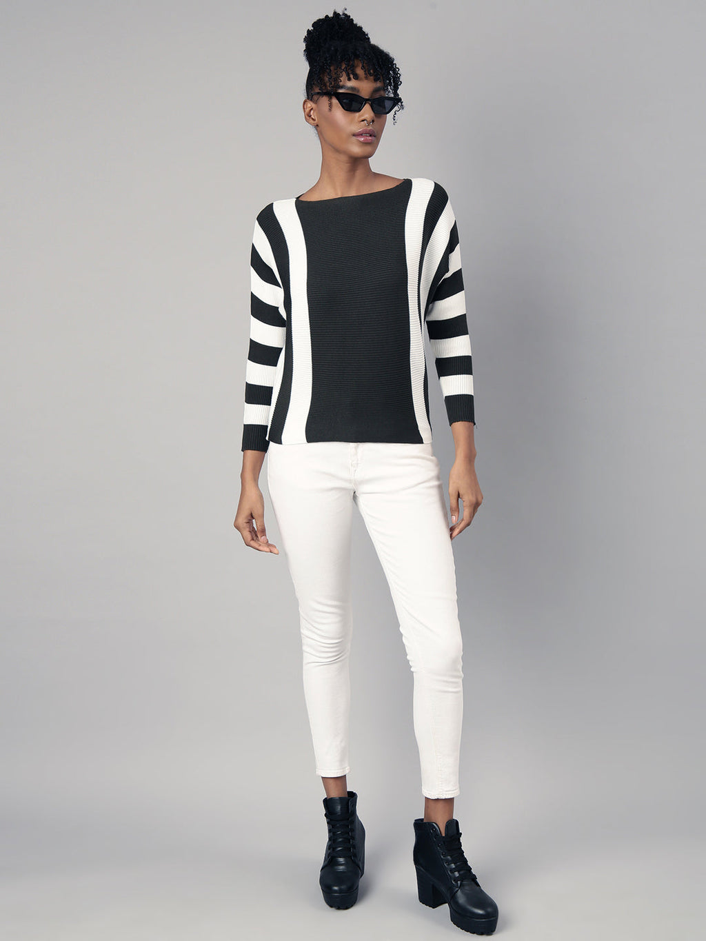 Women's Olive Boat Neck Vertical Striped Top