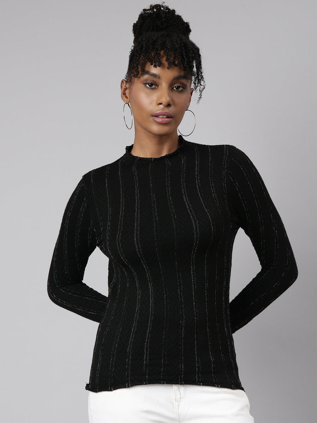 Women's Black Self Design High Neck Fitted Top