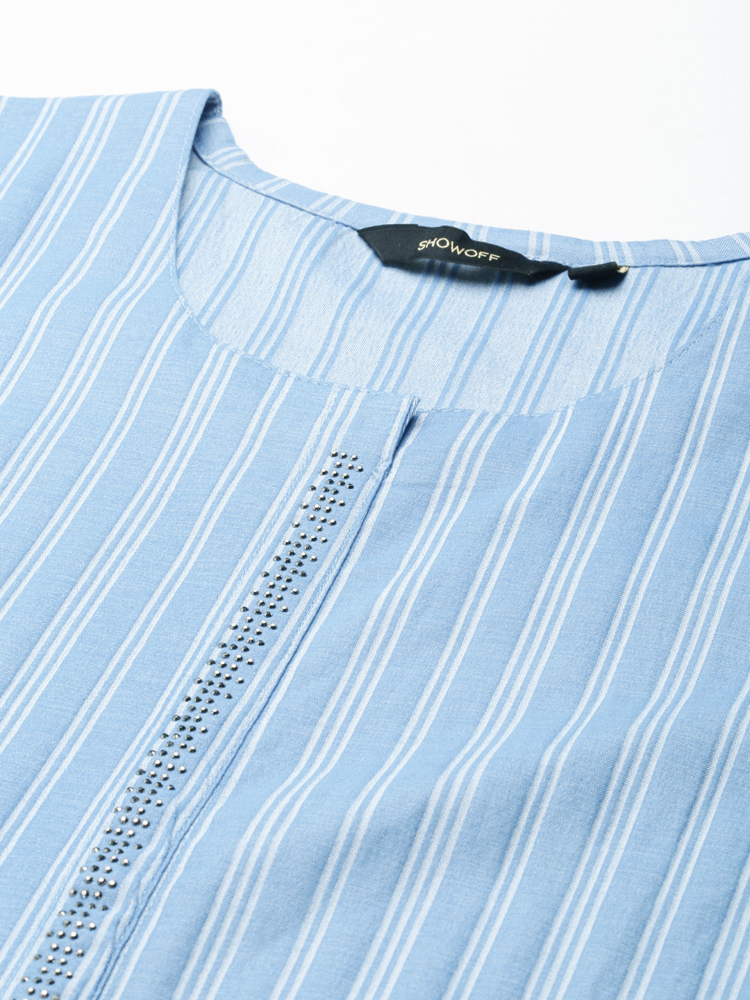Women's Blue Striped Roll-Up Sleeves Straight Kurta
