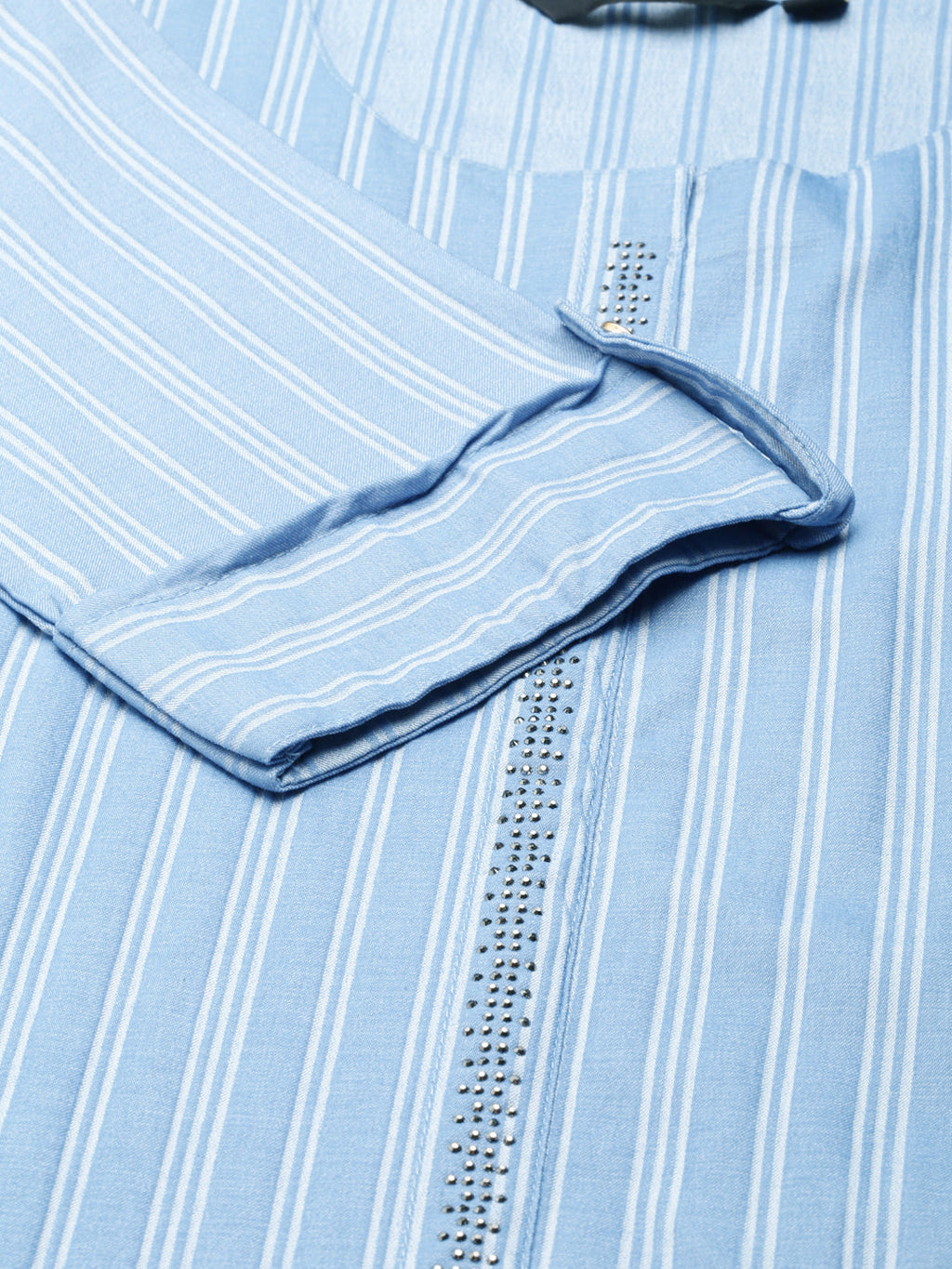 Women's Blue Striped Roll-Up Sleeves Straight Kurta