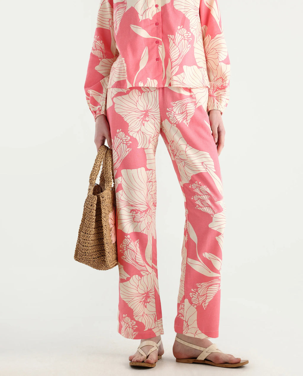 Rareism Women's Somyan B Pink Rayon Floral Print Ankle Length Straight Fit Trouser