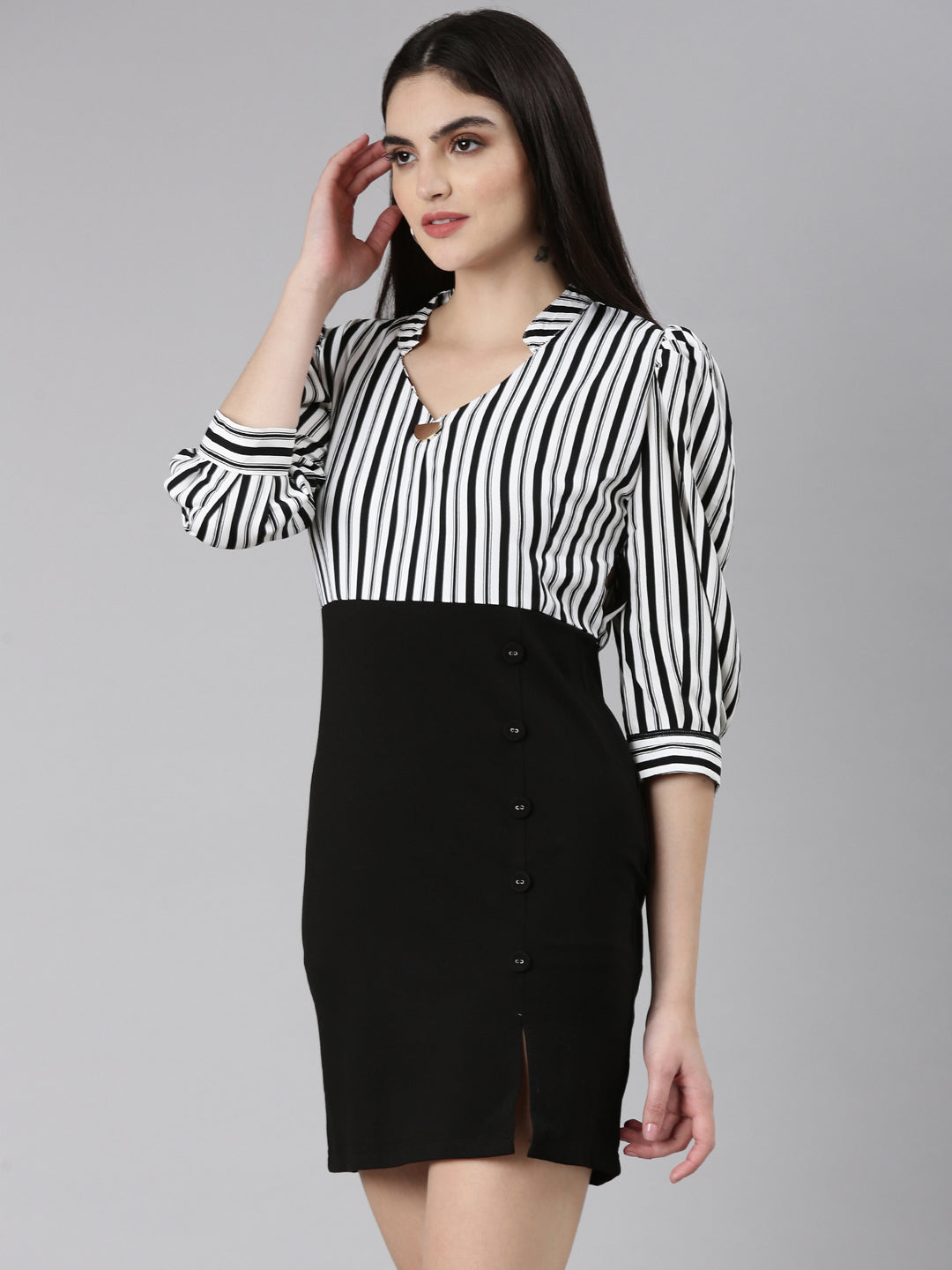 Women's Black Striped Mandarin Collar Cuffed Sleeves Crepe Midi Sheath Dress