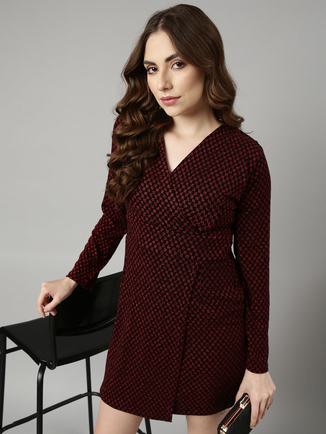 Women's Red Geometric Print V-Neck Full Sleeves Wrap Mini Party Dress