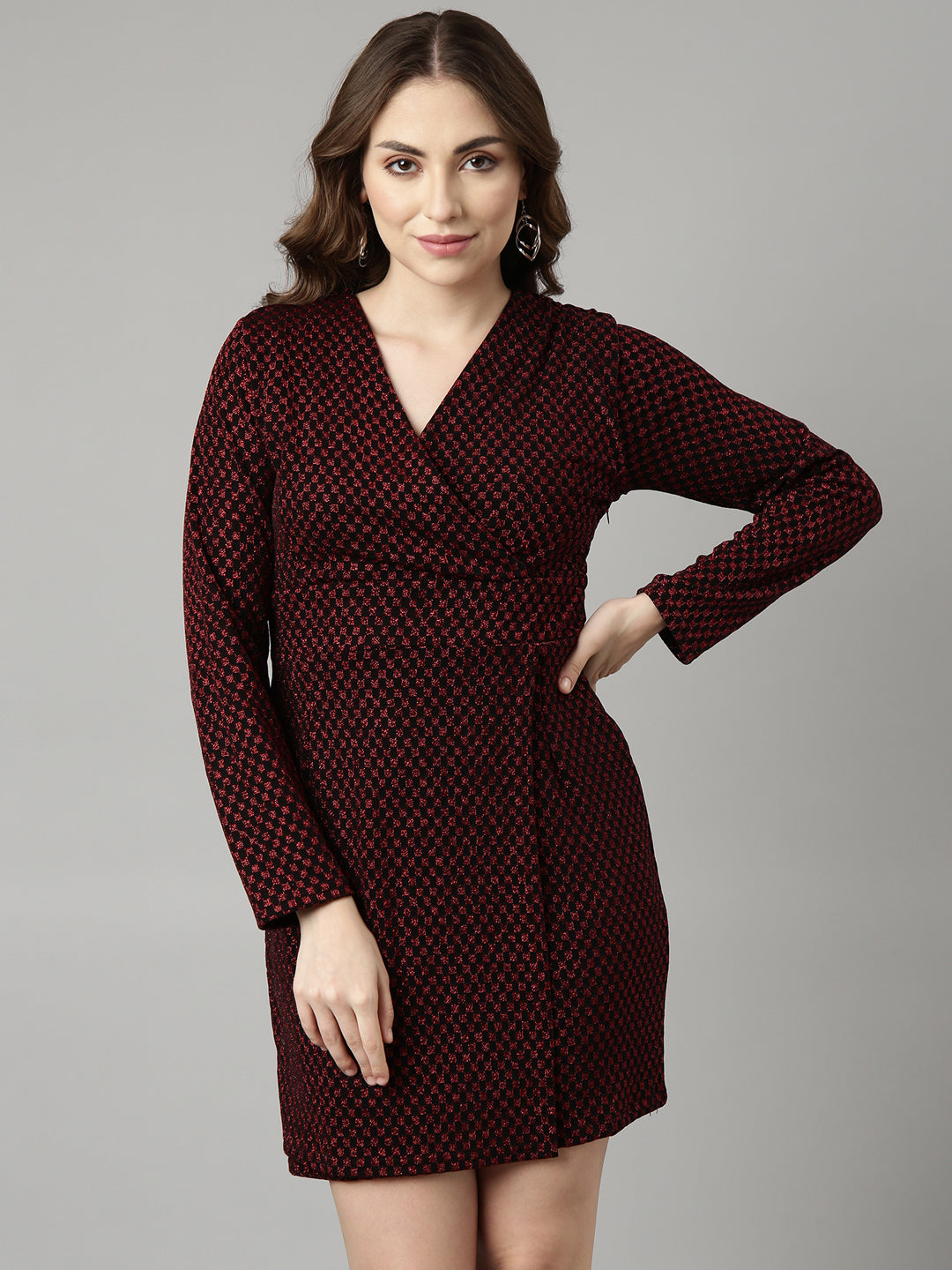 Women's Red Geometric Print V-Neck Full Sleeves Wrap Mini Party Dress