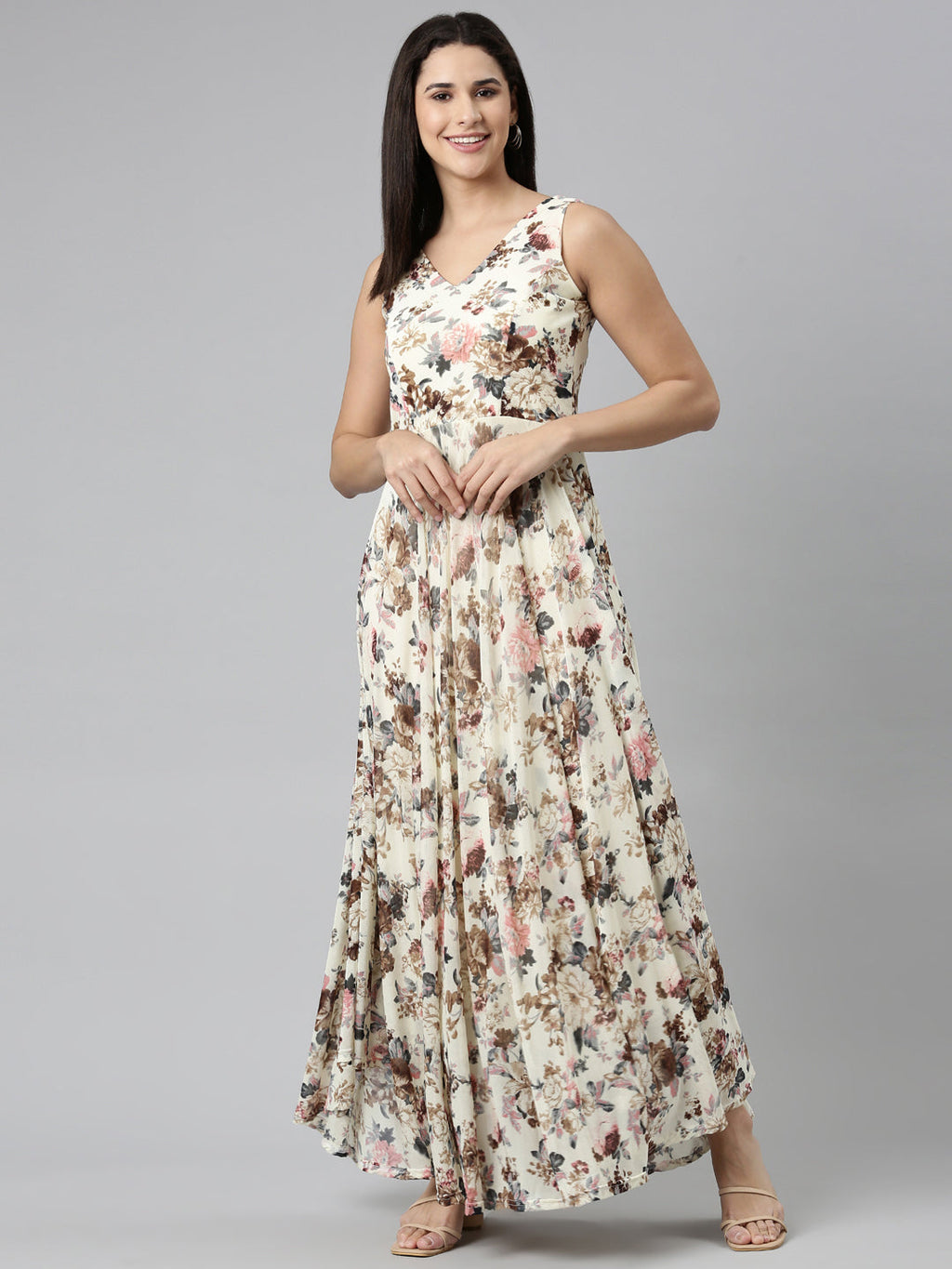 Women's Cream Floral Printed V-Neck Smocked Detailed Fit and Flare Dress