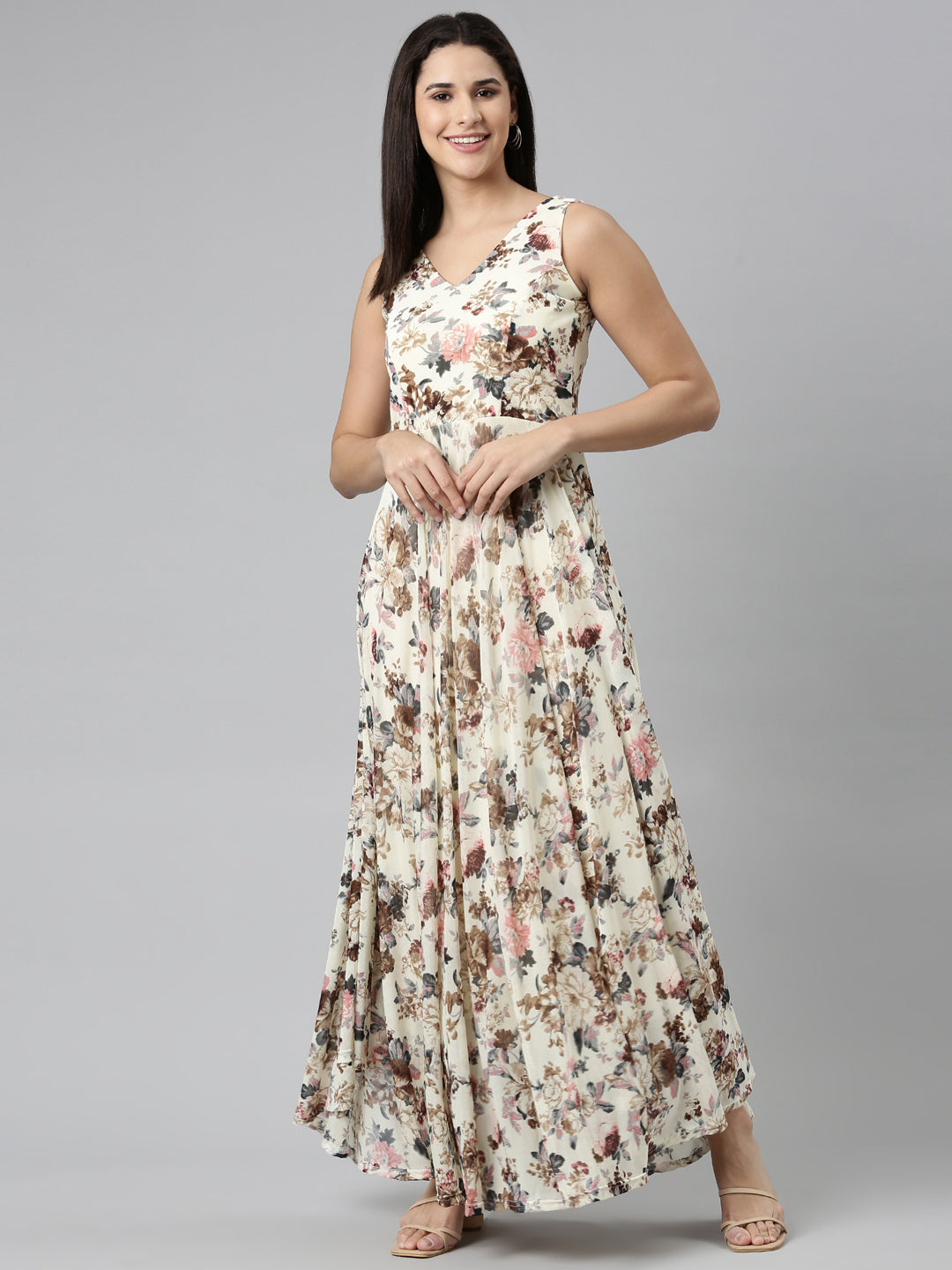 Women's Cream Floral Printed V-Neck Smocked Detailed Fit and Flare Dress