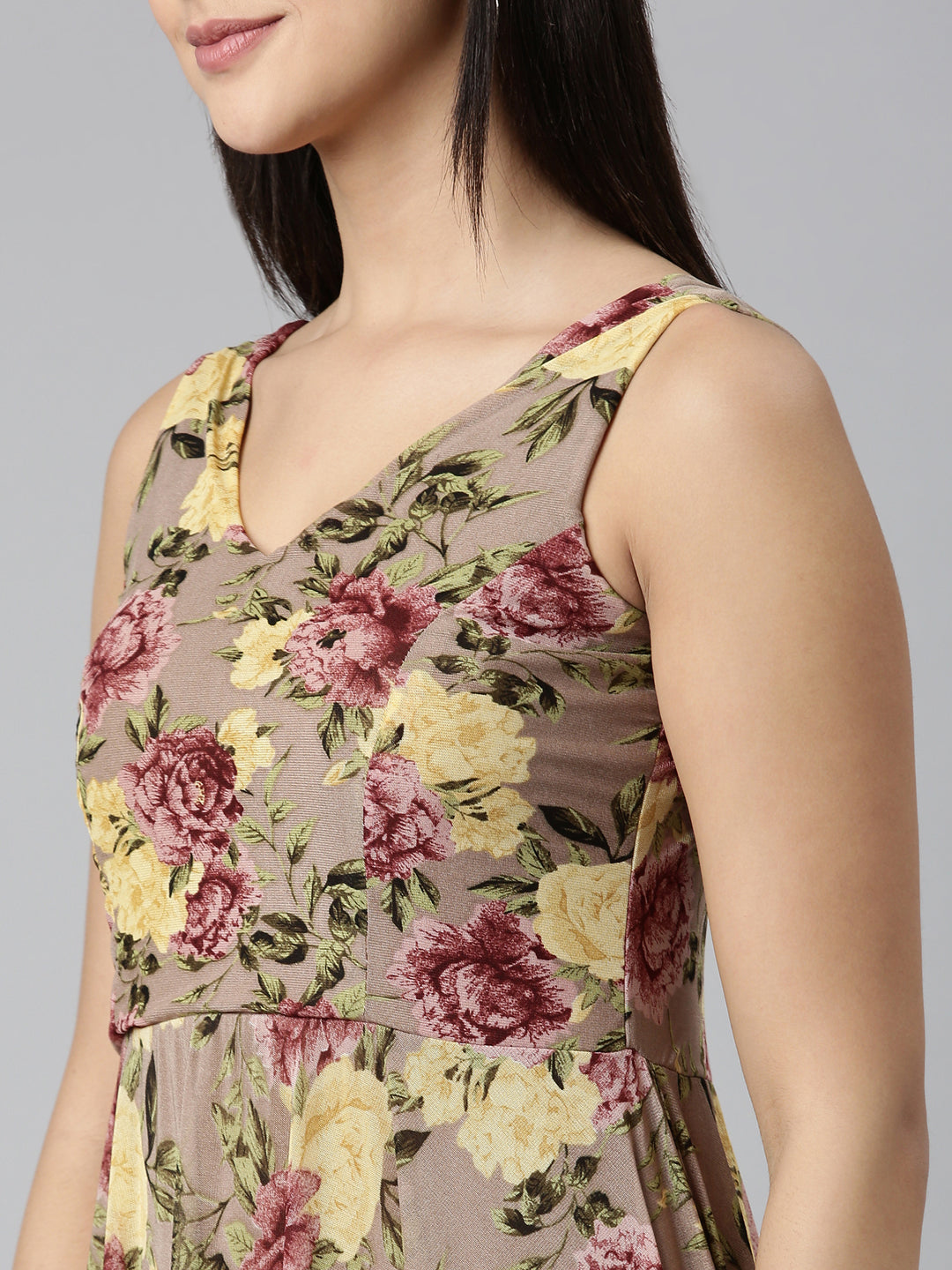 Women's Taupe Floral Printed Smocked Fit & Flare Maxi Dress