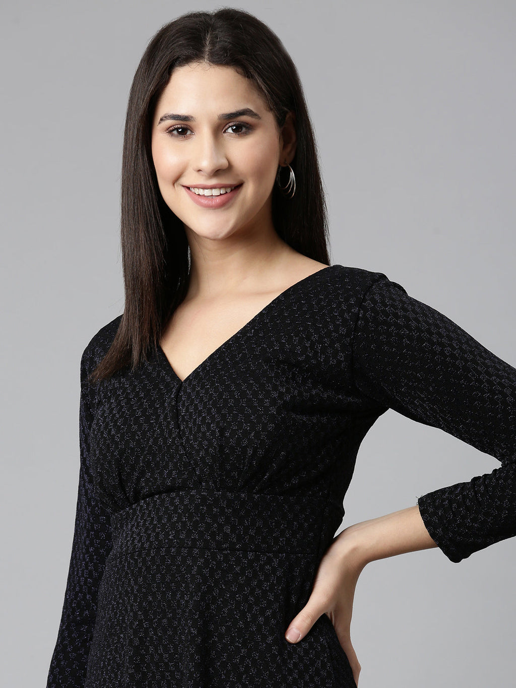 Women's Black V-Neck Long Sleeves Fit and Flare Dress