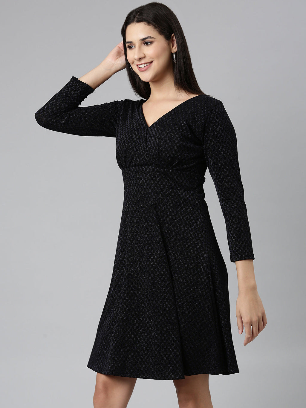Women's Black V-Neck Long Sleeves Fit and Flare Dress