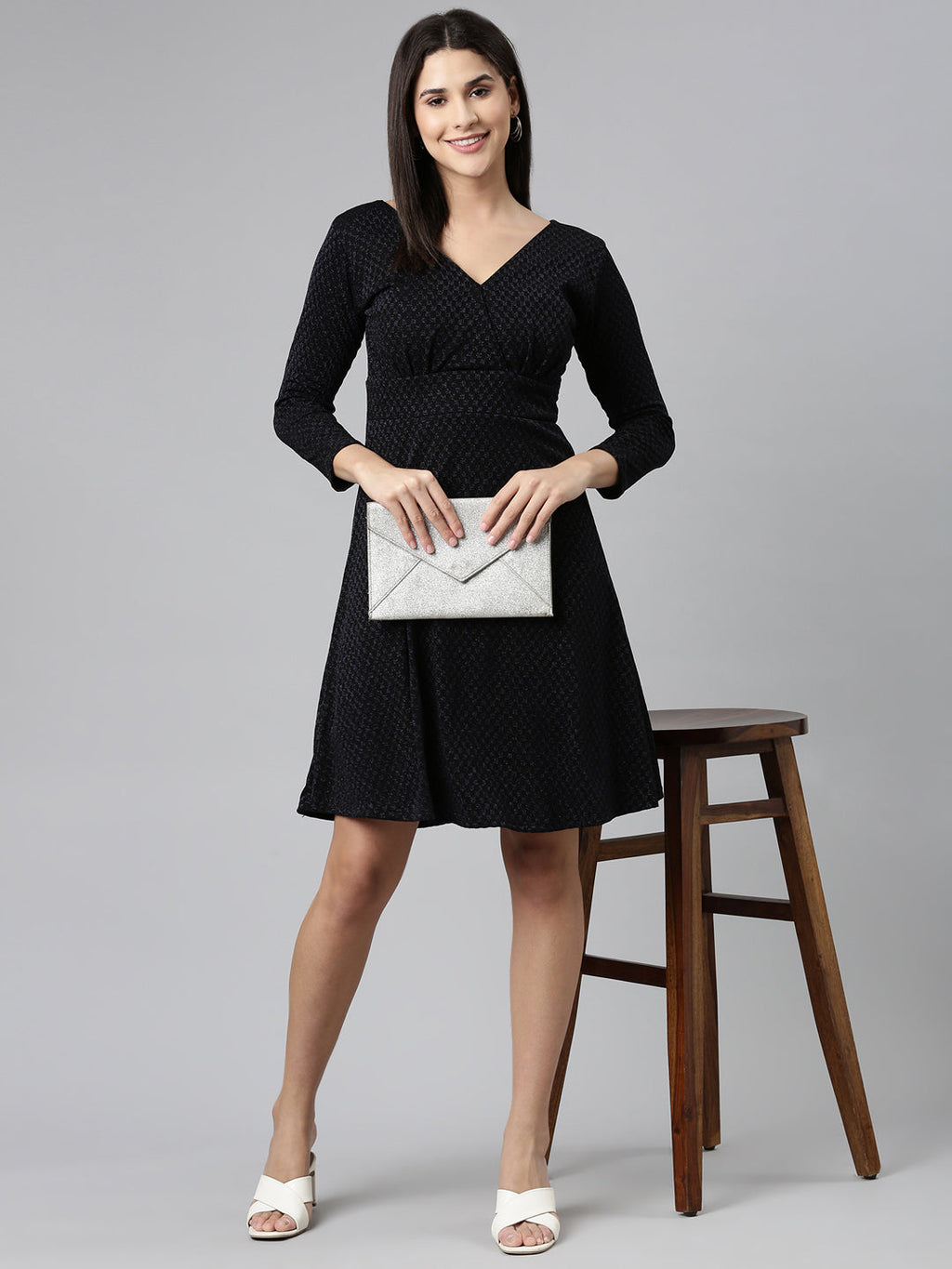 Women's Black V-Neck Long Sleeves Fit and Flare Dress