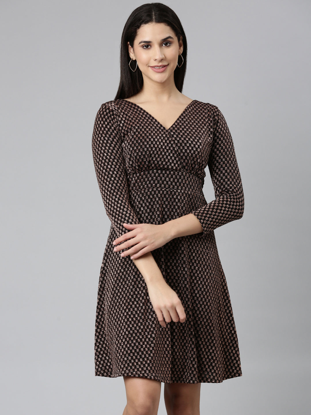 Women's Black Checked Jacquard Fit & Flare Midi Dress