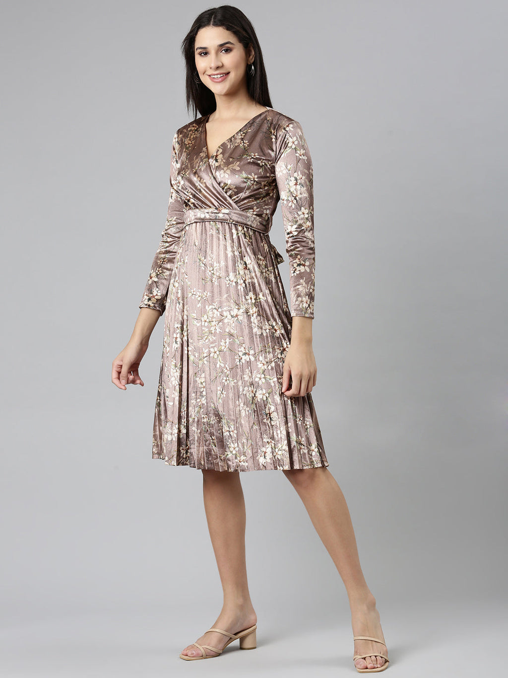 Women's Taupe Printed Wrap Dress