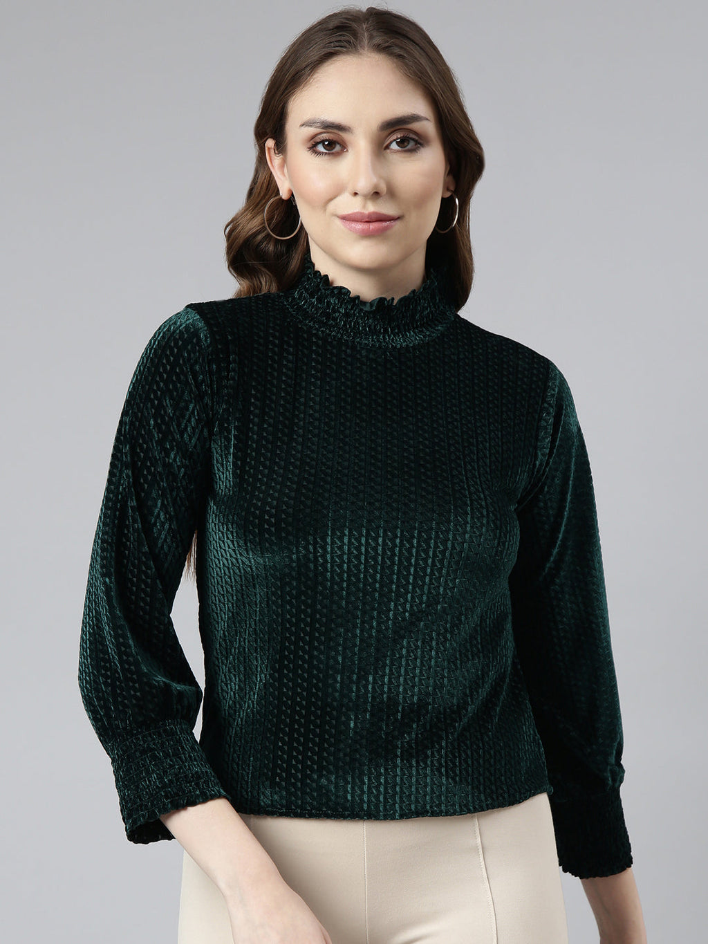 Women's Green High Neck Smocked Fitted Top