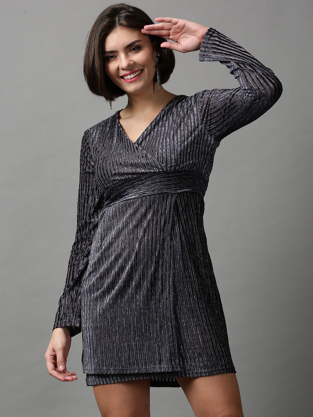 Women's Grey Self Design Wrap Dress