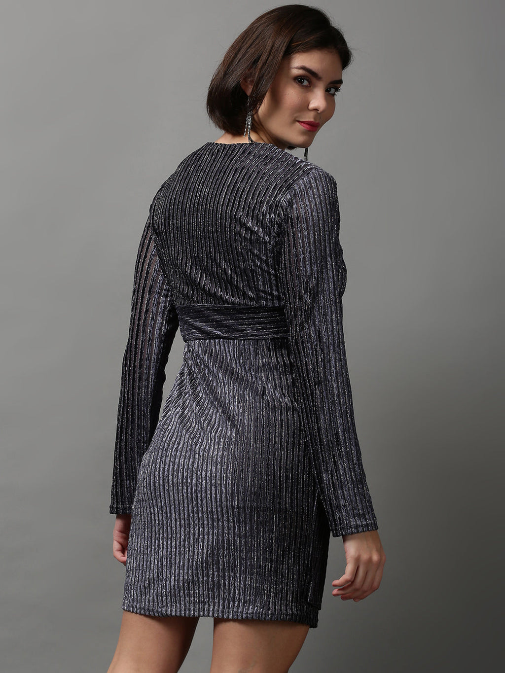 Women's Grey Self Design Wrap Dress