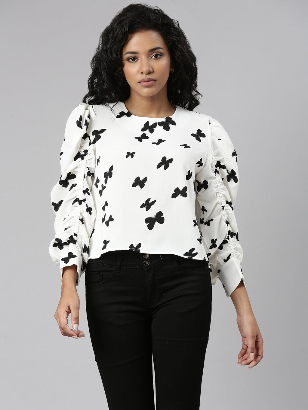 Women's White Conversational Printed Puff Sleeves Blouson Top