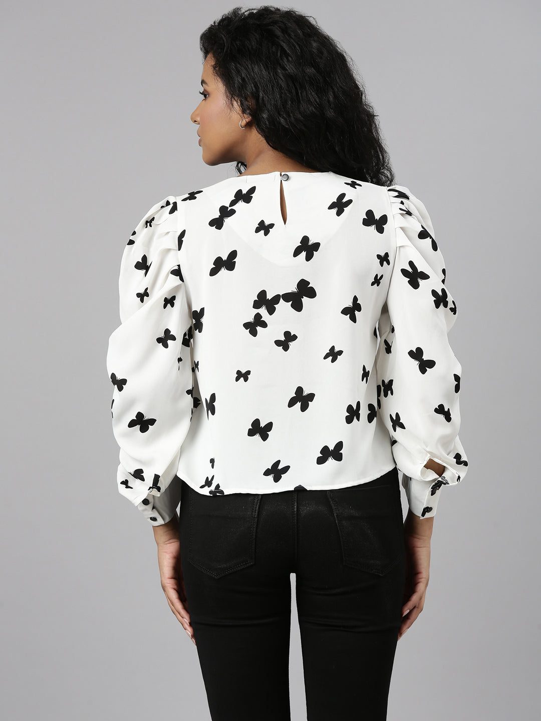 Women's White Conversational Printed Puff Sleeves Blouson Top