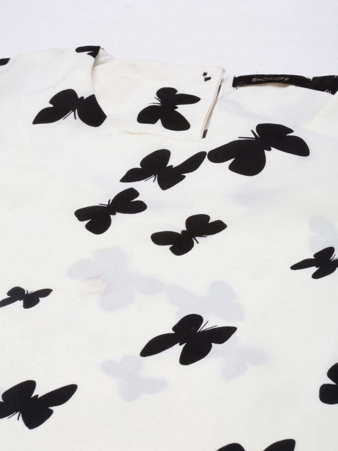 Women's White Conversational Printed Puff Sleeves Blouson Top