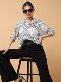 Women's White Print Extended Sleeves Scarf Print Crepe Top
