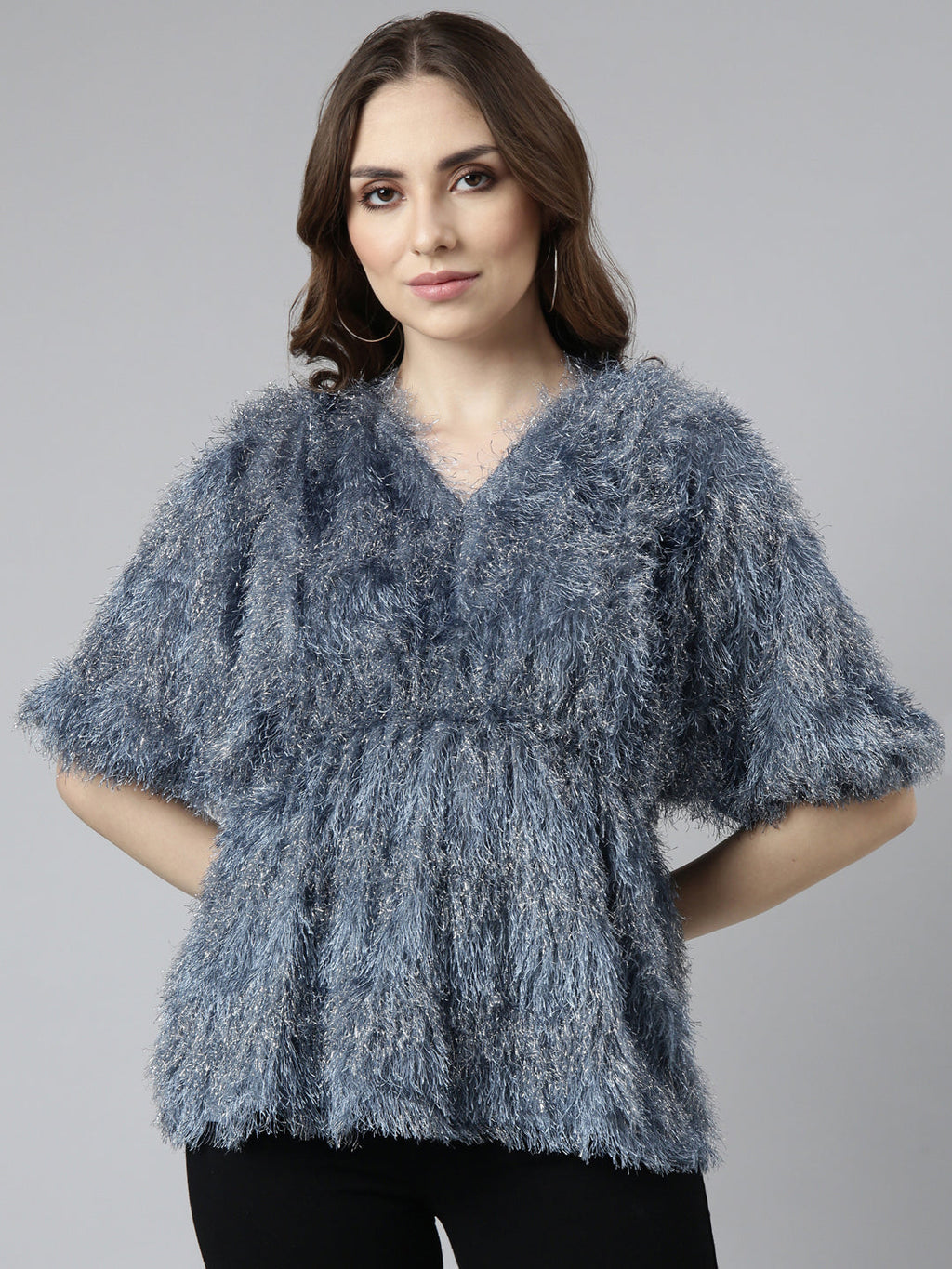 Women's Grey Self Design V-Neck Fringed Blouson Top