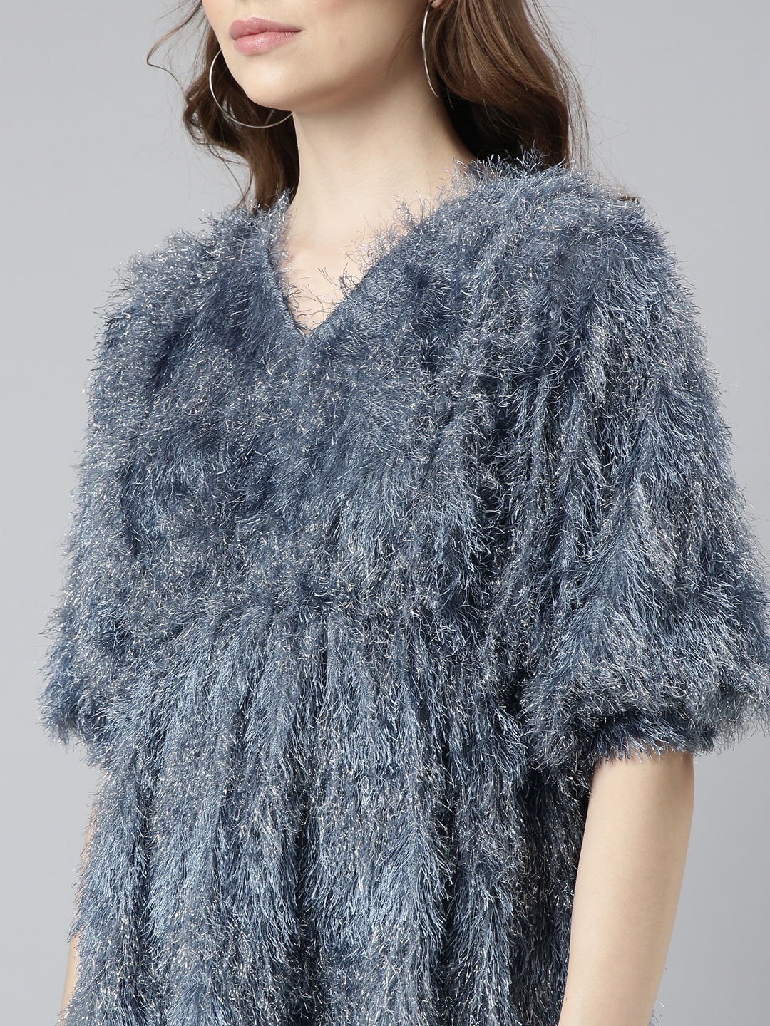 Women's Grey Self Design V-Neck Fringed Blouson Top